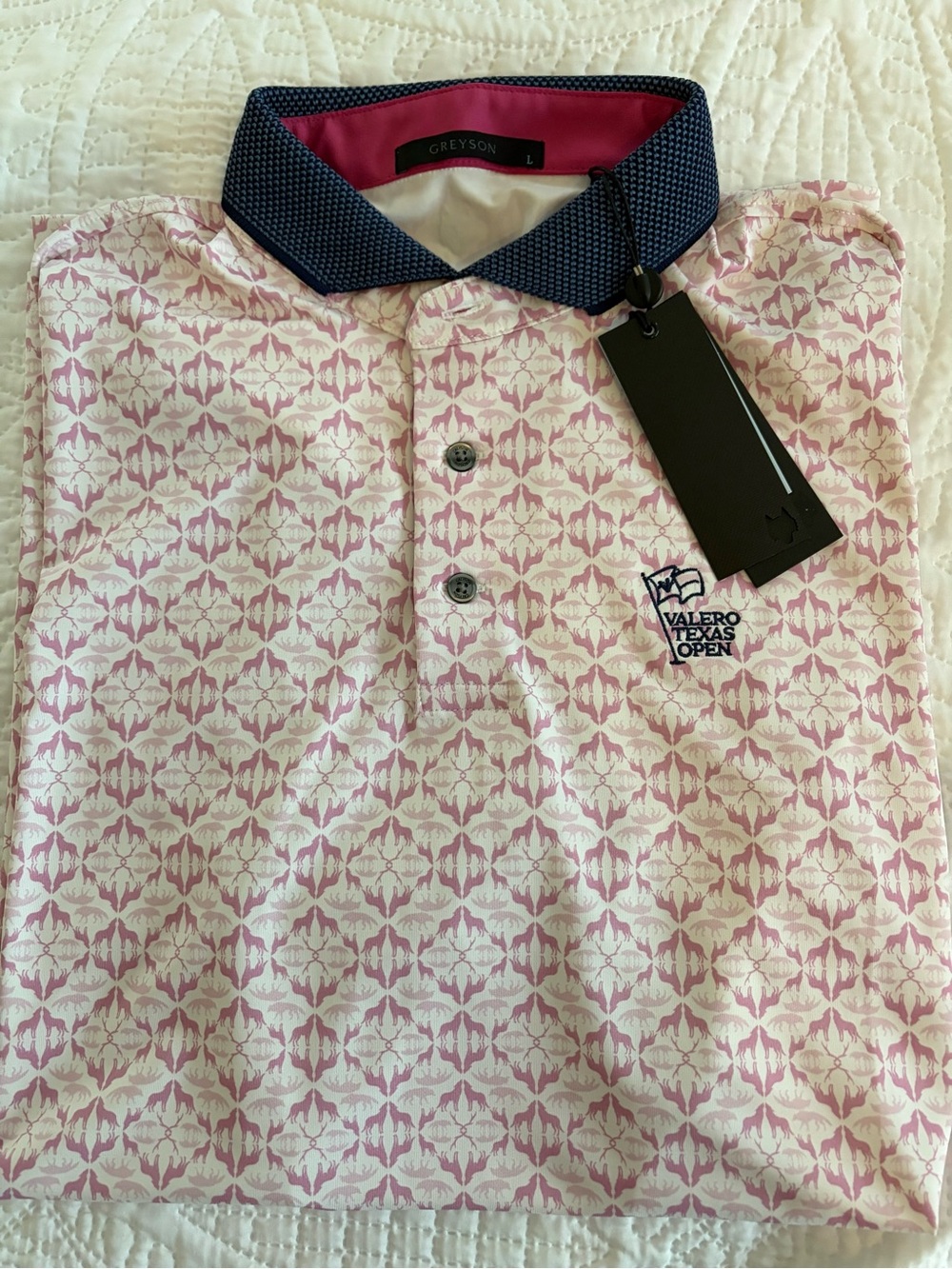 Greyson Men’s Pink Pattern Polo with Navy Contrast Collar